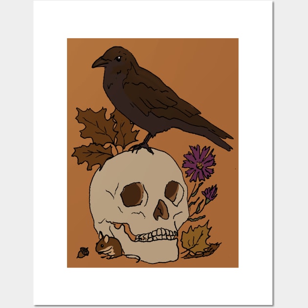 Fall Crow with Skull and Mouse Drawing Wall Art by EmilyBickell